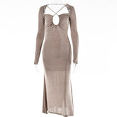 High Quality Elegant Backless Maxi Dresses For Women French Long Sleeve Solid Evening Party Dress 2022 Summer Streetwear Dress